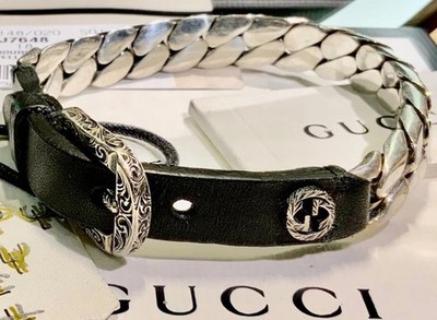 New GUCCI Solid 925 Sterling Silver &Tuscan Leather Bracelet
