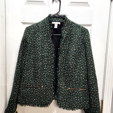 Chico's 2 Women Open Front Tweed Jacket Green, Black  Gold Metallic Size 12