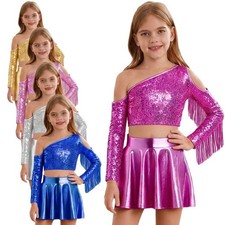 Girls Dancewear Metallic Shiny Set Festival Outfit Sequined 2 Pcs Hip Hop Stage