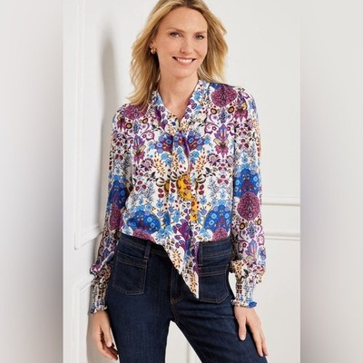 Talbots Long Sleeve Multicolored Floral Medallion Tie Neck Blouse Top Size 2X