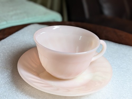 Vintage Fire King Oven Ware Pink Swirl Coffee Tea Cup and Saucer Set Excellent - Picture 2 of 13