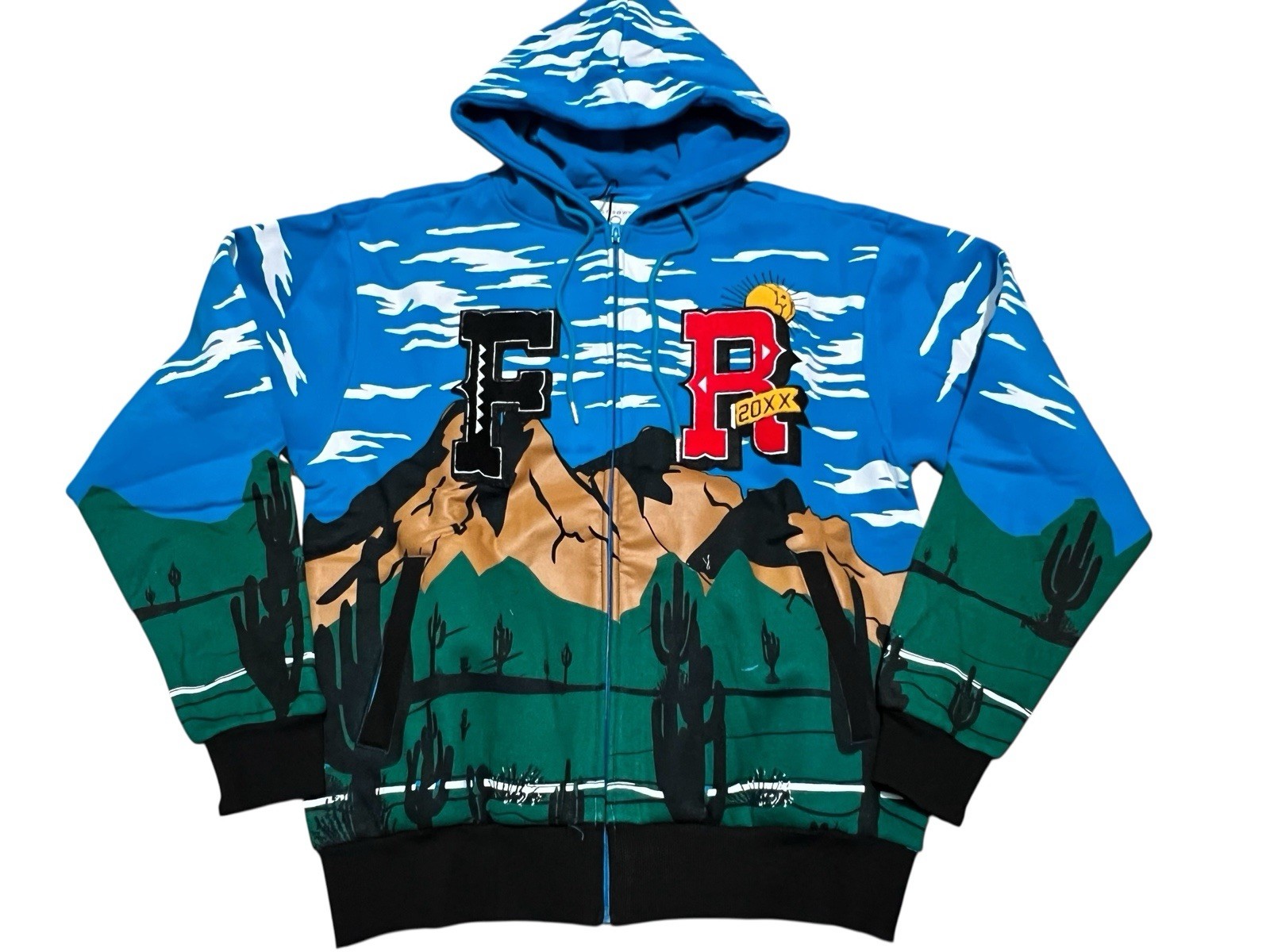 Felpa con cappuccio prima fila stampa puff uomo montagna full zip Varsity patch blu media