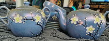 Blue Floral Ceramic Tea Set with Teapot, Sugar Bowl, Creamer, Painted Finish