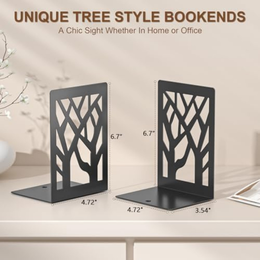 Tree Bookends Black Tree Metal Bookends (4 Pieces) for Shelves | Modern Book Ends