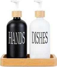 Kitchen Glass Soap Dispenser Set with Bamboo Tray and Bamboo Pump, 16 NEW