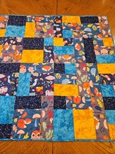 Handcrafted-Quilted Baby Blanket -WILDLIFE Theme - 35" x 35" - Blue/Gold - Foxes