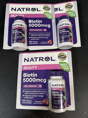 Natrol Biotin 5000 mcg 250 tablets Strawberry Chewable Lot Of 3 Exp 9/26