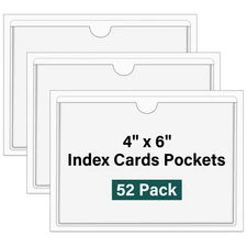 52 Pack Clear Adhesive 4" x 6" Index Card Pockets With Top Open, Plastic Card...