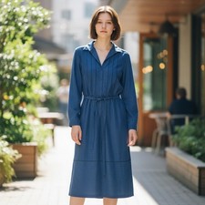SANS AGE Blue Suede Shirt Dress Belted Midi Long Sleeve Size 16 Vintage