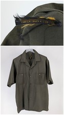 Vintage 50s Sears Roebuck Gabardine Twill Loop Camp Collar Work Shirt Green USA