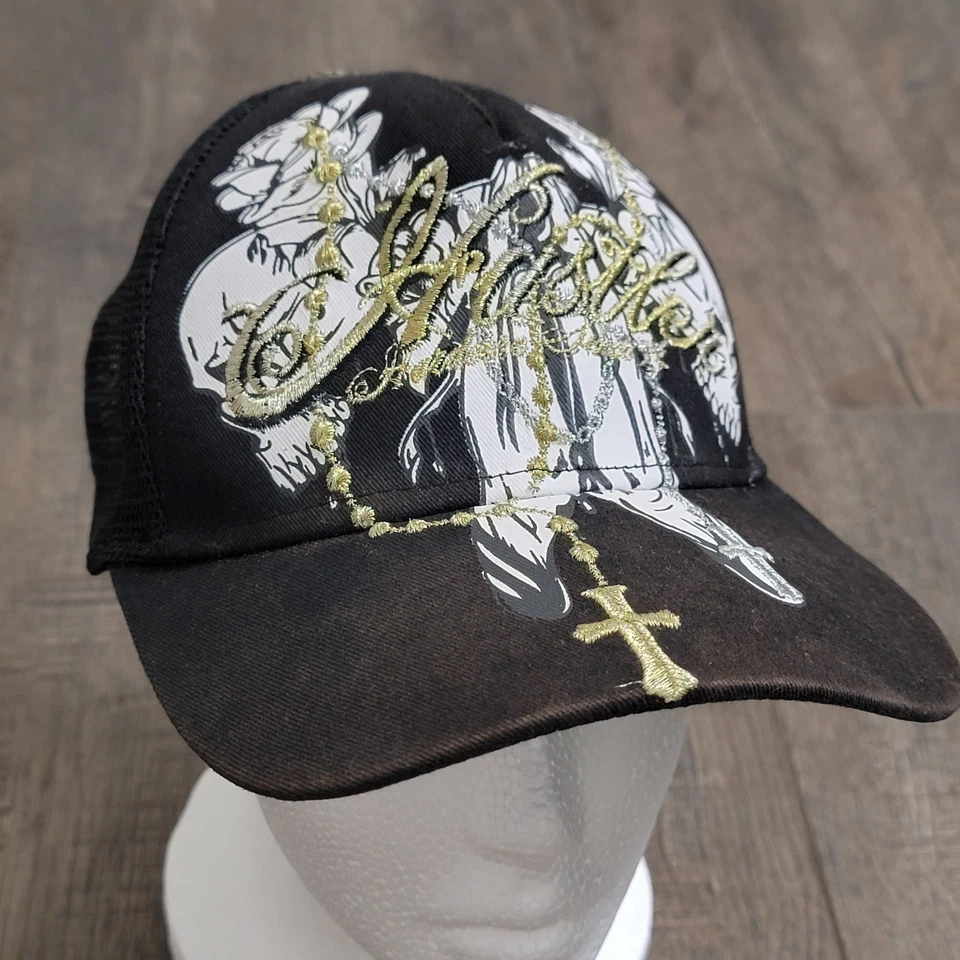 Hustler Hardcore Since 74 Hat Snapback Trucker Black w/ Skulls Gold Flowers Y2k - Imagem 2 de 4