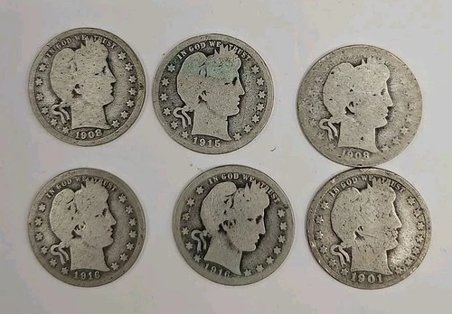 Barber Liberty Head US Quarter Dollar 0.1808 Troy Ounce Silver Each (Lot of 6)