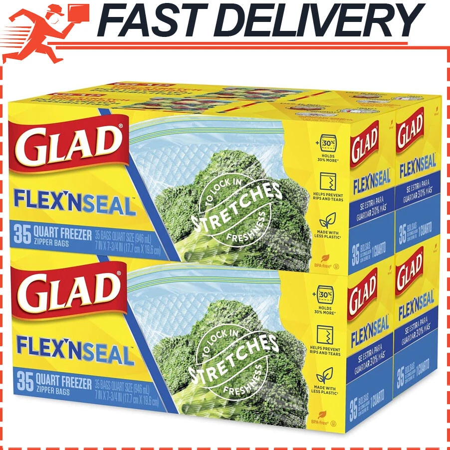 Glad Food Storage Glad Flex'n Seal Freezer Quart Zipper Bags, 35 Ct (Pack  of 4)