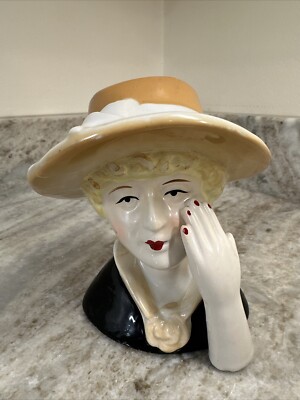 Vintage Lady In Yellow Hat Bust Red Lipstick & Nails 1950s MCM Figurine