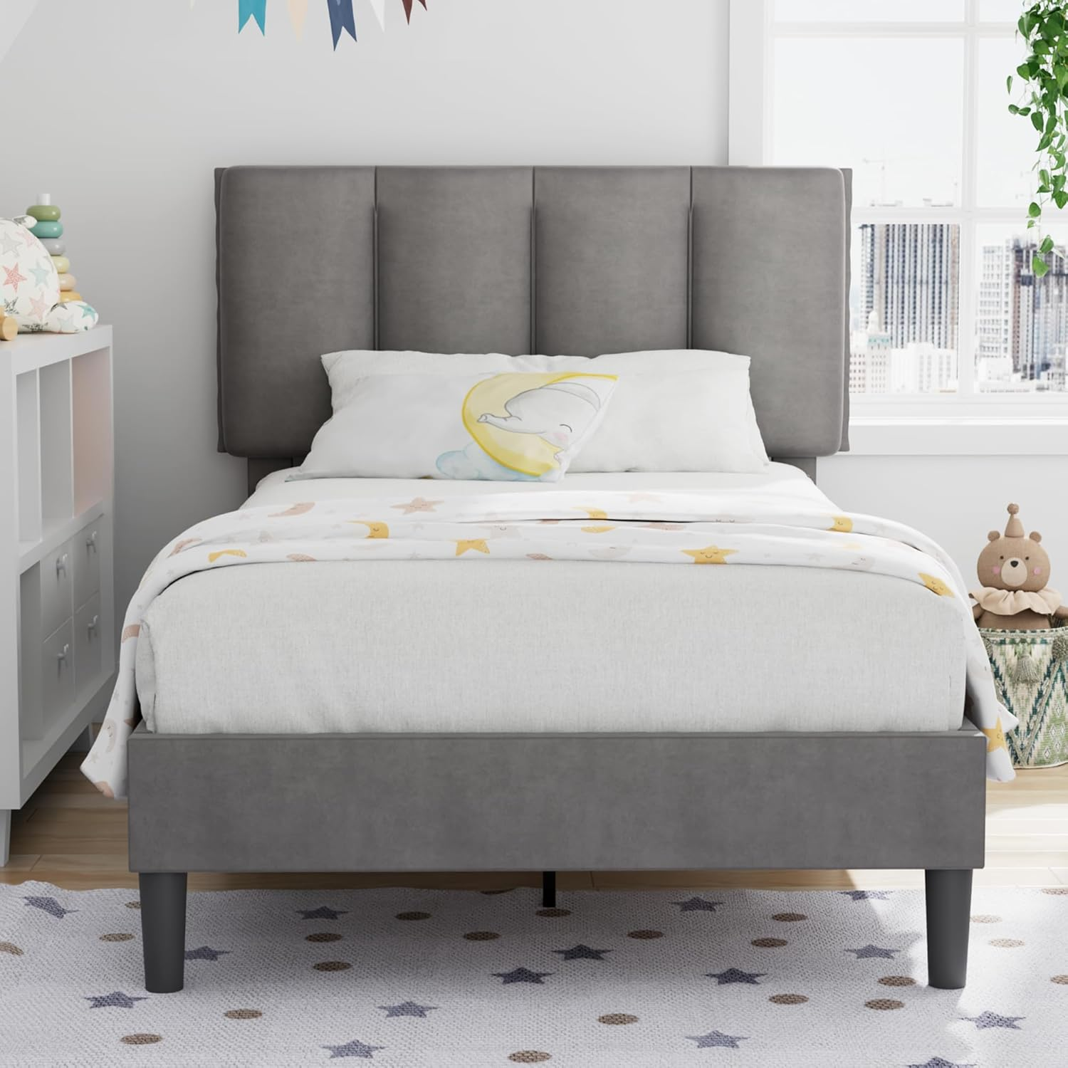 Twin Upholstered Headboard Bed Frame with Sturdy Metal Platform & Noise-Free Support-image