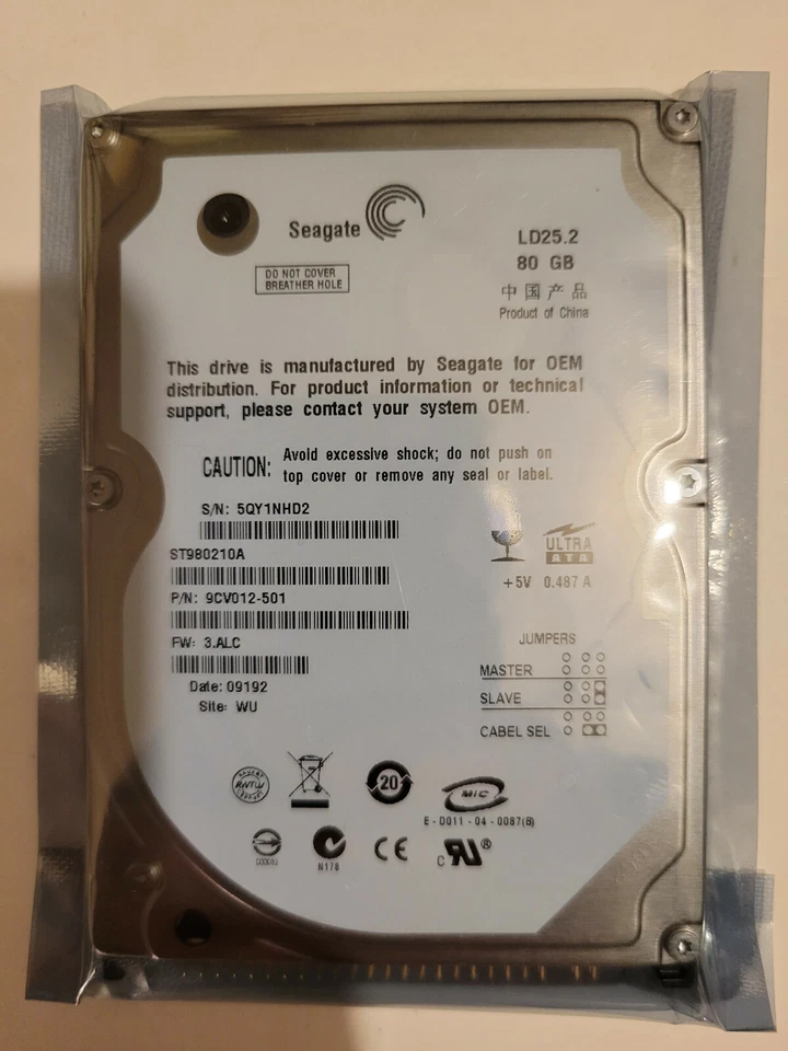 Seagate ST980210A 80GB 2.5" IDE HDD PN 9CV012-501 FW 3.ALC DC 09192 WU 5QY - Image 2 of 2