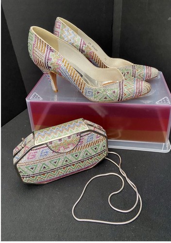 Stuart Weitzman Limited Jeweled Purse and Shoes 70’s 80’s Glam Rock Wedding 7.5