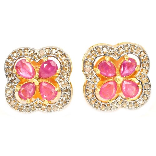 925 STERLING SILVER FLOWER STUD EARRING NATURAL PINK RED RUBY PEAR SHAPE 4X3MM. - Picture 4 of 6