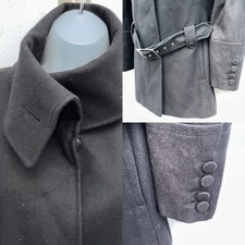 Coat Funnel Button Neck Dunnes Black Wool/lana Blend Looped Belt Button Cuff 14