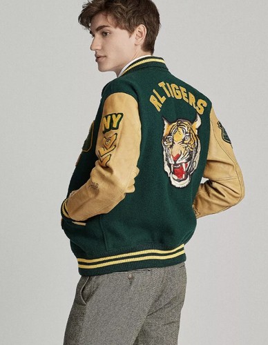 Chaqueta Universitaria Polo Ralph Lauren Grande Letterman Cuero RRL Rugby Verde Tigre - Imagen 2 de 12