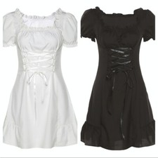Donna Corto Puff Manica Midi Abito Quadrato Colletto a Balze Fascia Gotico