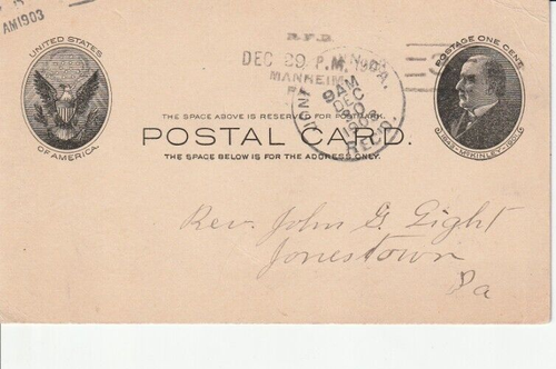 December 29 1903 One Cent McKinley postal card Mannheim Pennsylvania RFD