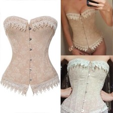 Lace Up Floral Bustier Corset -Beige Overbust Waist Trainer Embroidery Burlesque