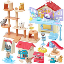 66Pcs Cat Toys for Kids Girls, 3 in 1 Pet Pretend Play Toys with 9 Cat Figurine/