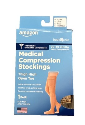 Amazon Basic Care Medical Compression Stockings, 20-30 mmHg  Thigh High Open Toe