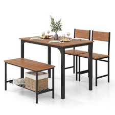4 pcs Dining Table Set with 2 Chairs and Bench in Brown Wood and Black Metal