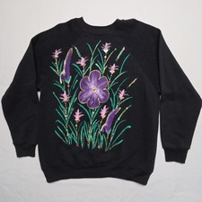 Vintage NuArt Garret Floral Sweatshirt Womens Black L Made in USA Art 90s