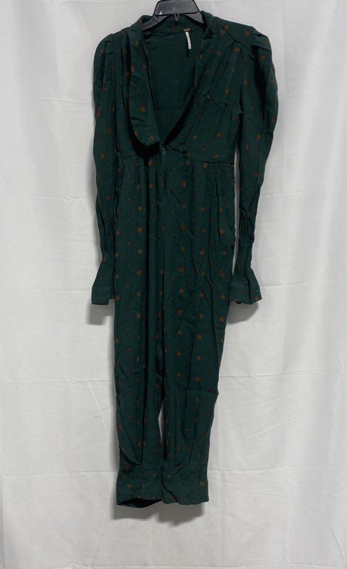 Free People Women's Slayin' It Jumpsuit Green Geo Print Puff Sleeve Sz XS