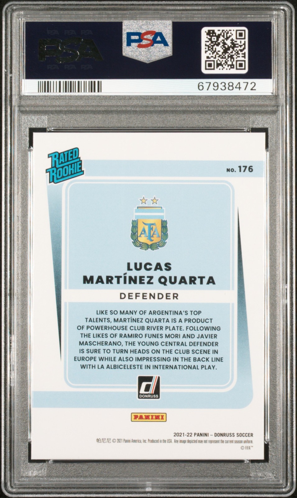2021-22 Lucas Martinez Quarta Panini Donruss Black Laser Rookie Card 1/1 PSA 9 view 2