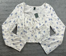 Wild Fable Blouse Womens Large White Floral Long Sleeve Square Neck Crop Top New