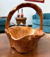 Rustic Artisan Hand Made Hand Turned Carved Wooden Wood Basket Bowl w/ Handle