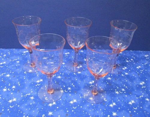 Vintage Pink Floral Etched Wine Glasses Set Of 5 Depression