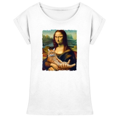 Mona Lisa mit Katze Damen T-Shirt lustiges Kunstmotiv Tierliebhaber Kunst Shirt 