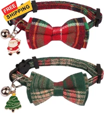 PTDECOR Christmas Cat Collars, Red Green Plaid Bowtie Xmas with Christmas-1 