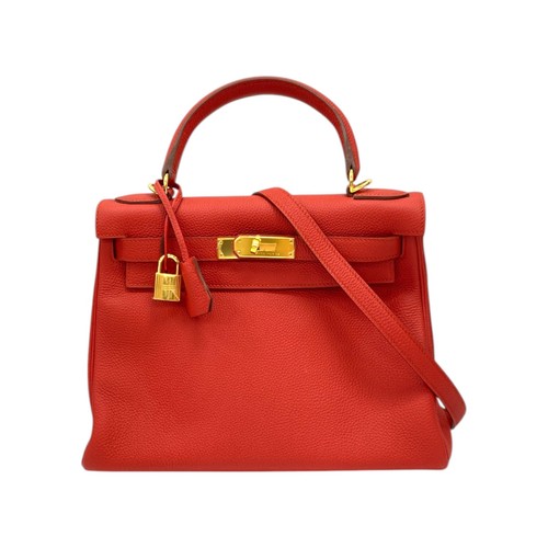 HERMES Kelly 28 Shoulder Handbag Rouge Casaque Togo Leather Gold Plated Hardware