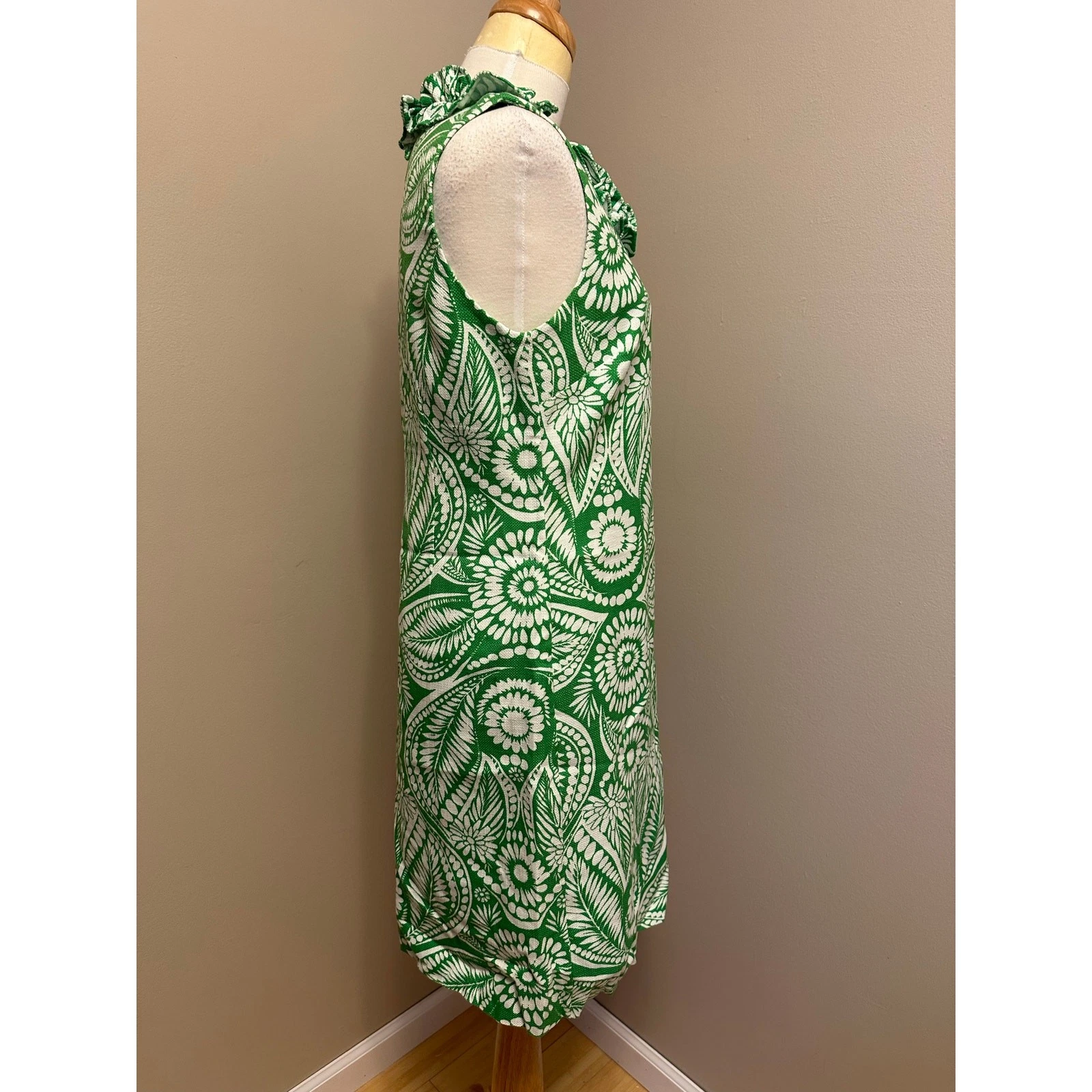 Abito tubino Kate Spade Bonnie verde botanico e bianco con volant taglia media