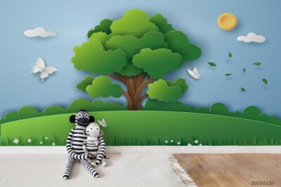 3D Tree Grass Sun Clouds Collage Wallpaper Wall Murals Removable Wallpaper