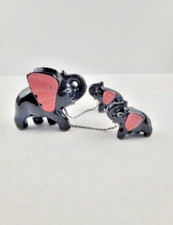 Vintage Ceramic Elephant  2 Babies Attached - Black  Pink