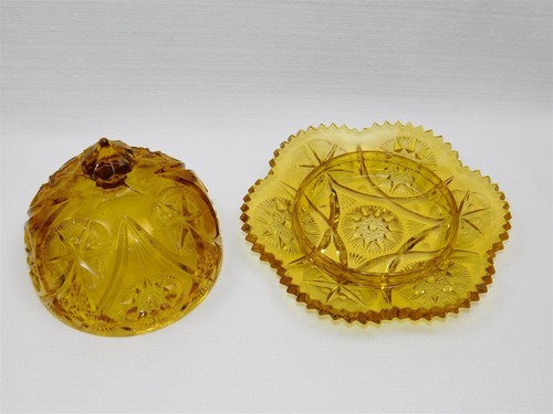 Vintage Kemple Yutec Glass Amber Sawtooth Edge Cream Sugar Butter Dish Tray Vase - Picture 13 of 17