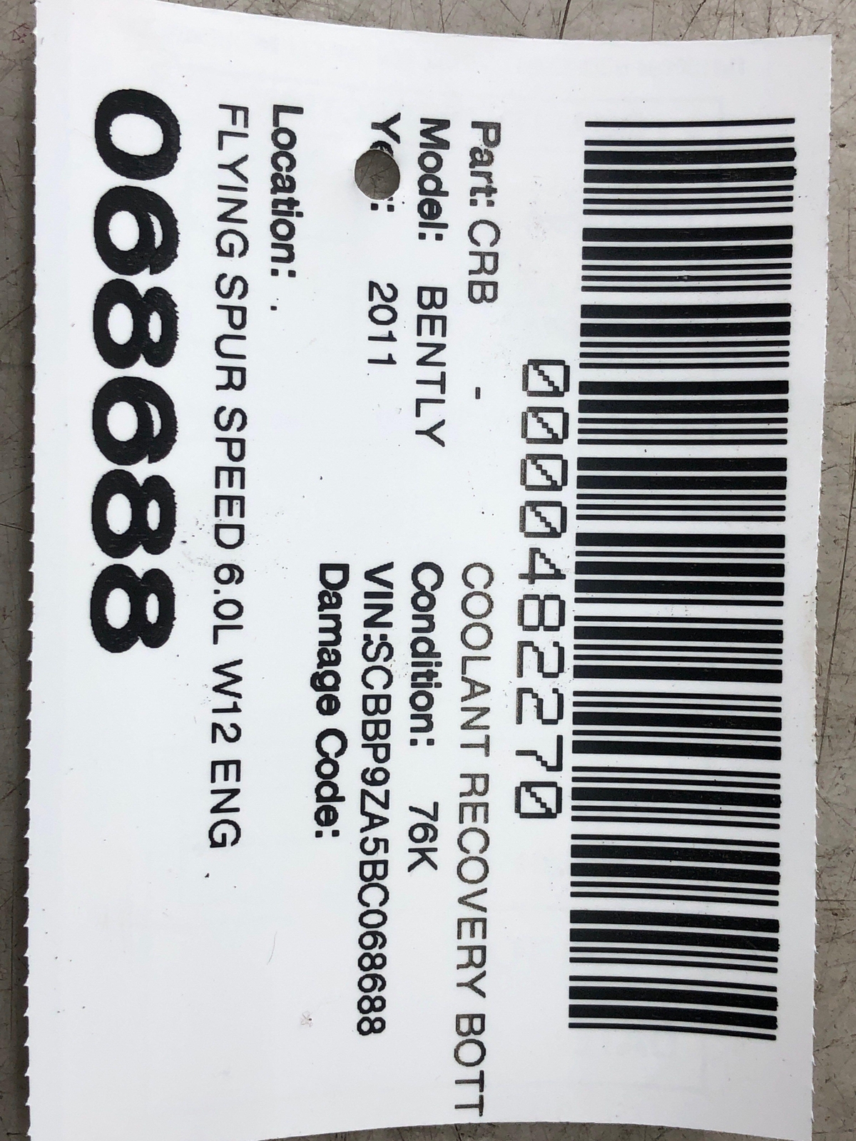 2006-2012 BENTLEY CONTINENTAL ENGINE COOLANT OVERFLOW EXPANSION TANK 3W0121407