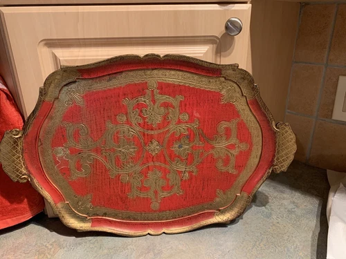 Wood Gold Inlay Vintage Antique Tray Trademark Made In Italy Hand Etched 23X15