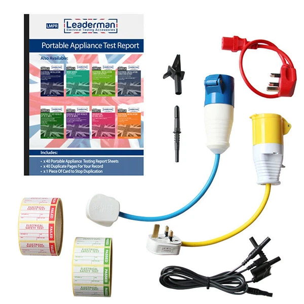 LEADERMAN PAT Testing PASS/FAIL Labels-Log Book-110v/240v Adaptors-Test Lead set-KIT3R