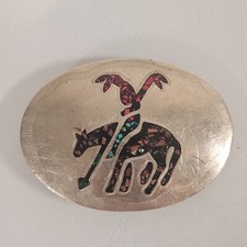 Vintage Mexico Turquoise Coral Inlay Native American Southwestern Belt Buckle