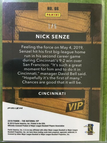 NICK SENZEL GREEN PRIZM 1/5 SSP ROOKIE CARD JERSEY #15 REDS RC 2019 National VIP - Picture 4 of 12