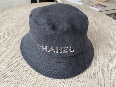 NEW 100%AUTH Chanel 22P Black Denim Cloche Bucket Hat Crystal/Sequin CHANEL  SZ M