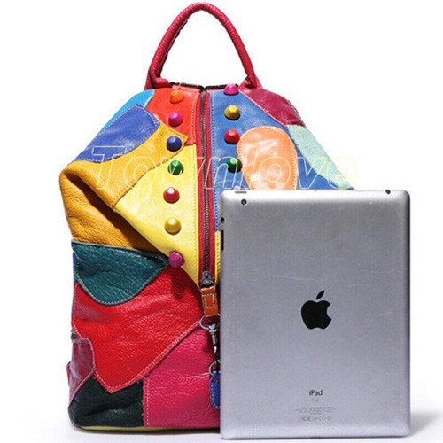 Mochila de cuero de oveja para mujer coloridos bloques retazos bolsa de viaje mochila - Imagen 5 de 10